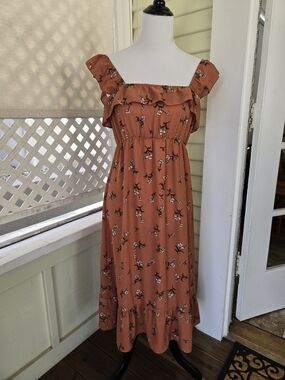 Ruffle Shoulder Floral Maxi Dress in Rust